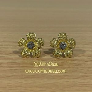 Gold Tone Flower Earrings with Diamond Center - Fiona